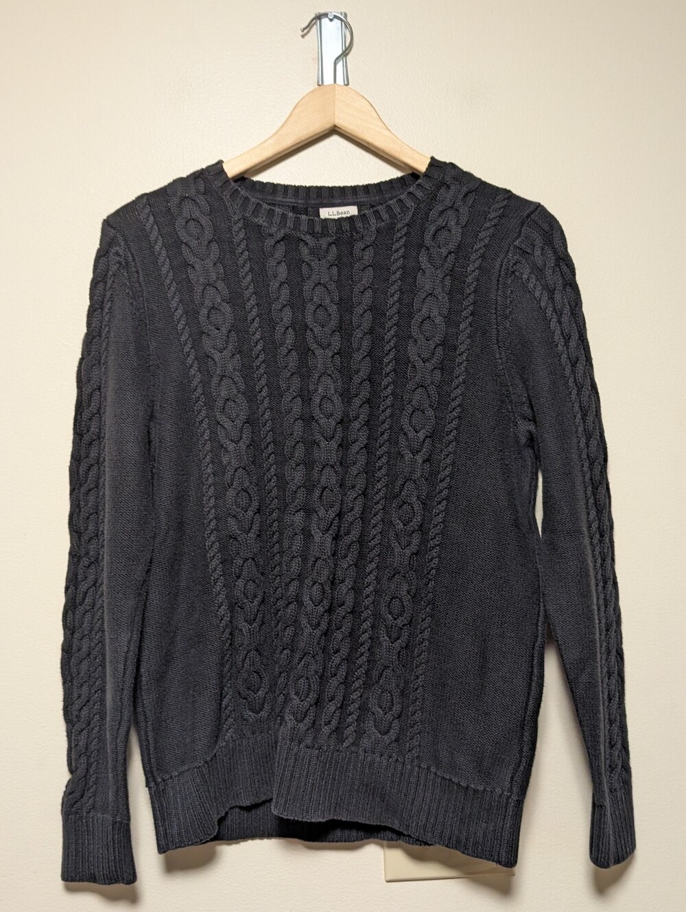 L.L.Bean Black Cable Knit Cotton Sweater Large